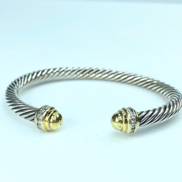 David Yurman  Diamond 5.0mm Sterling Silver 18k Gold Cable Cuff Bracelet JR9849 - Picture 1 of 9